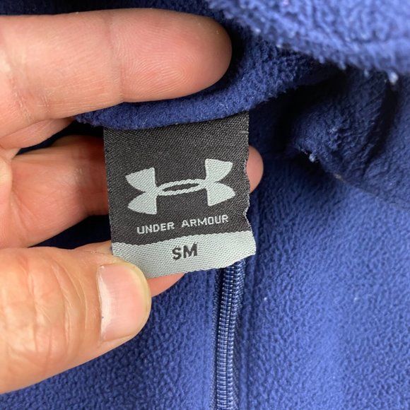 Under ARMOUR UA Fleece Sweater Men Small S Navy Blue Gray 1/4 Zip Pull Over Logo - Picture 5 of 11
